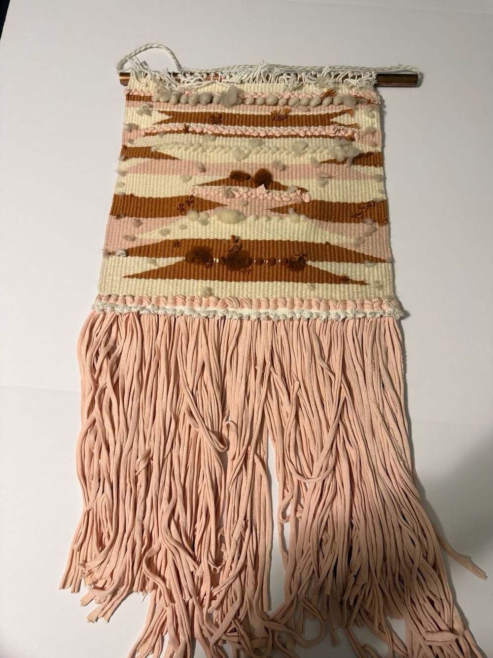 Boho Geometric Woven Wall Hanging Tapestry with Fringe and Copper Rod
